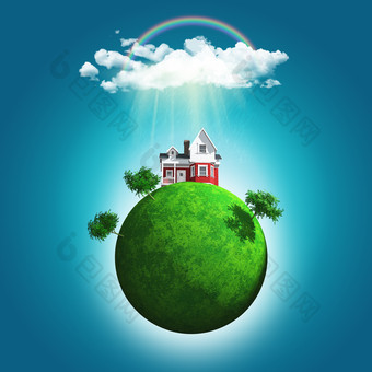 3d渲染的一个长满草的地球与房子和树下彩虹