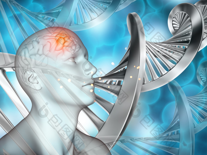 男子头痛和DNA链摄影图
