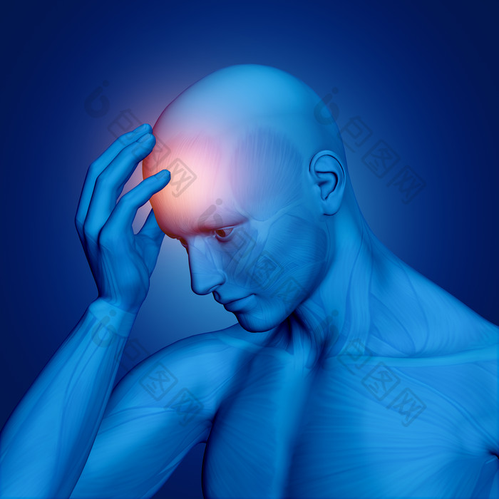 3D蓝色头疼男人摄影图