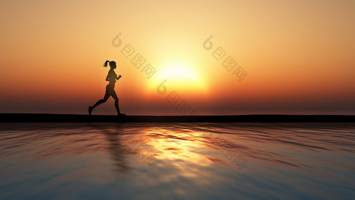 女慢跑对一个日落海洋