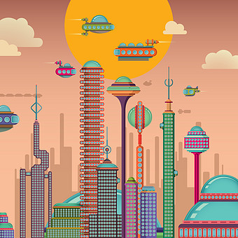 未来创意意城市飞行交通插画图片下载