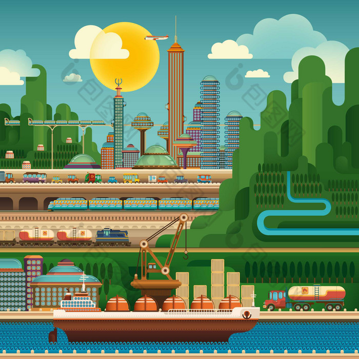 卡通现代城市码头创意插画