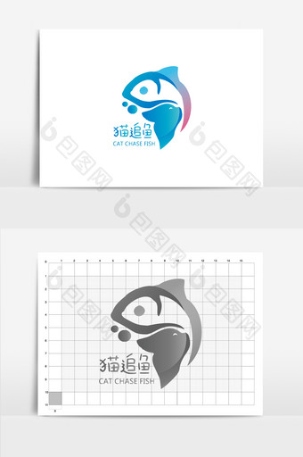 猫追鱼矢量logo设计图片