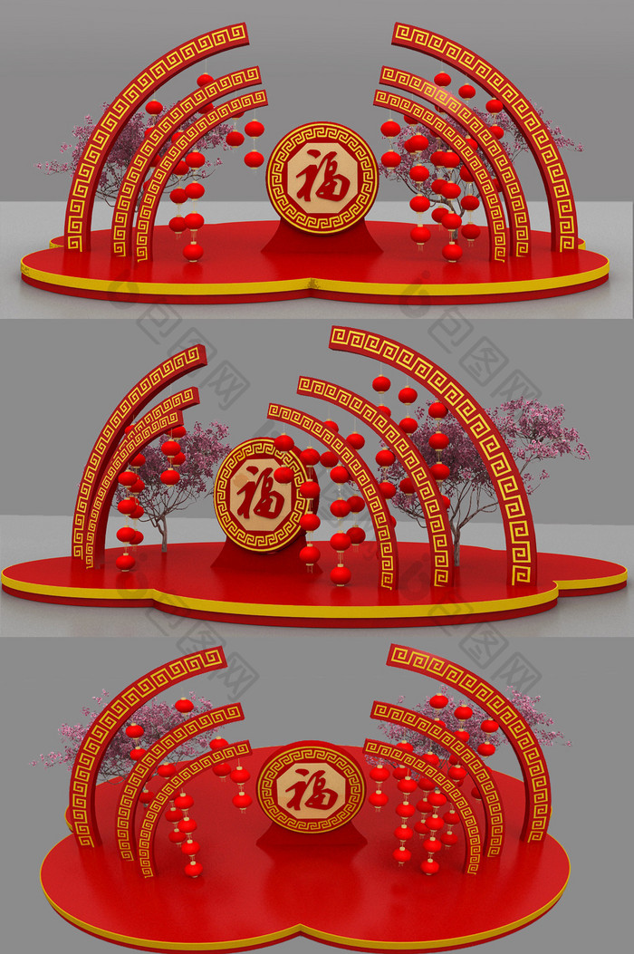 大红色中国风新年美陈设计max模型效果图