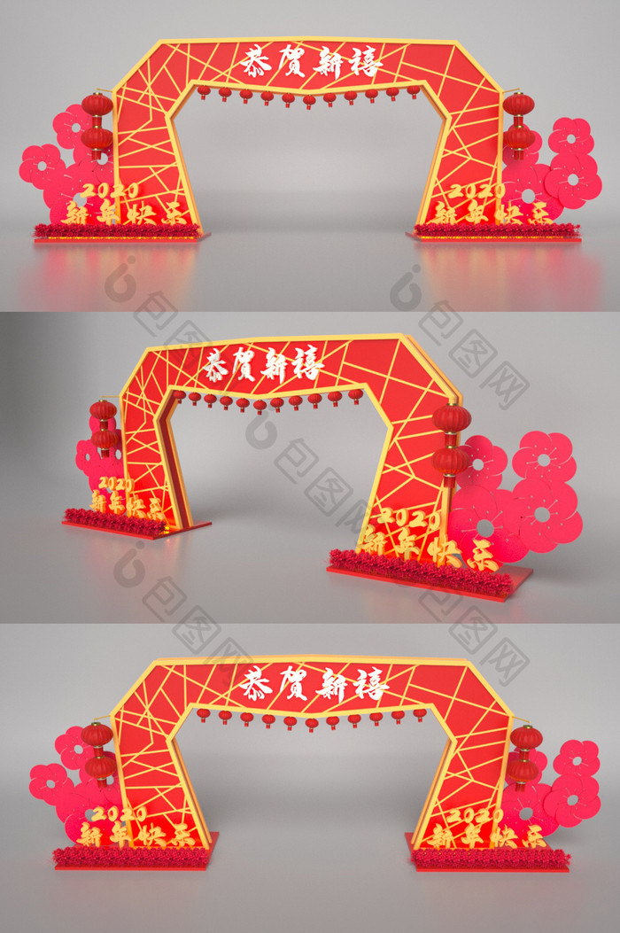 红色中国古风新年美陈C4D模型