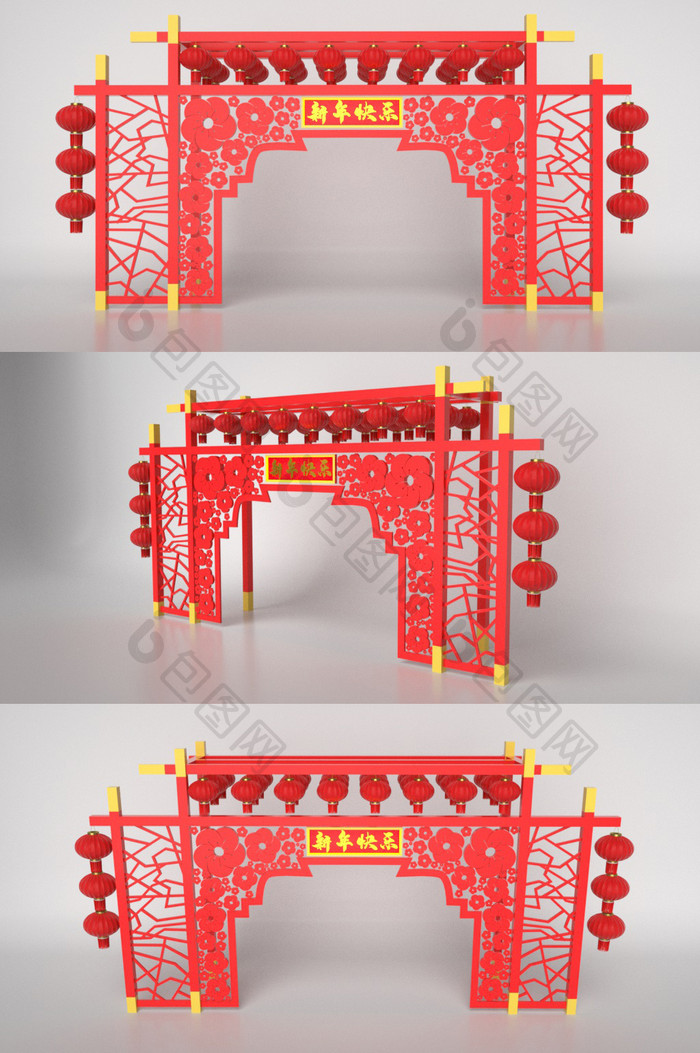 中国红国风新年美陈C4D模型
