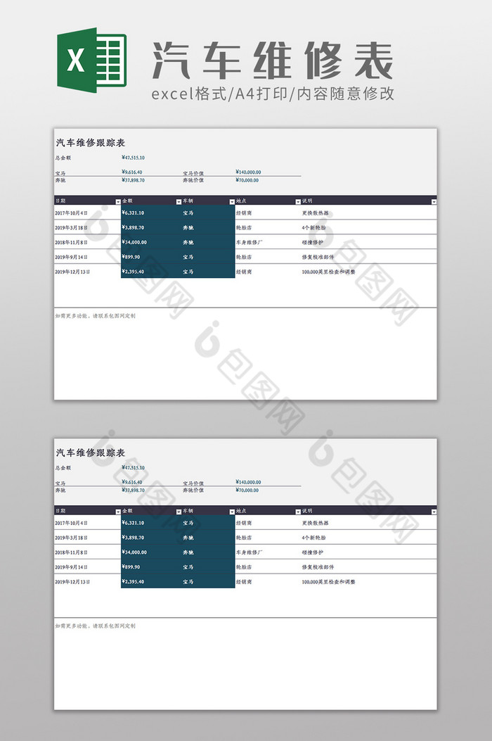 个人汽车维修跟踪表Excel模板图片图片