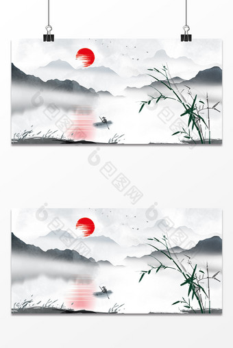 中国风春节意境渔夫山水水墨背景图片