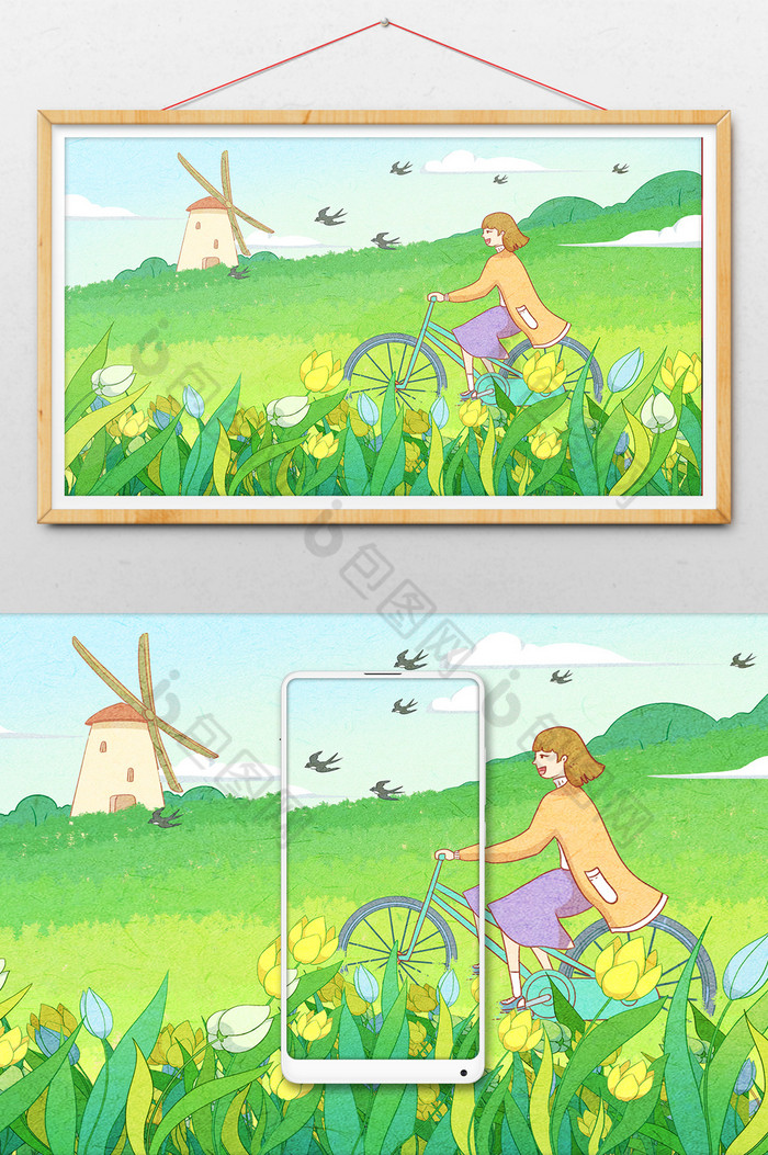 春意盎然春分骑车春游节气插画图片图片