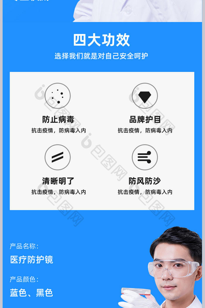 医疗健康护目镜抗疫防病毒防沙护眼详情页