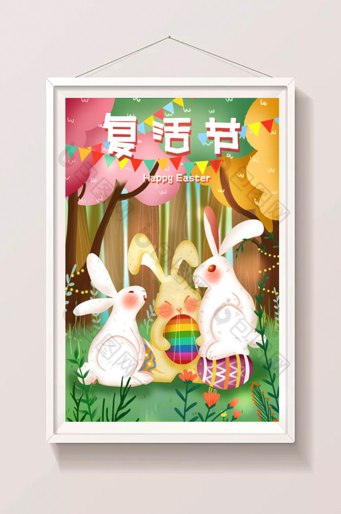 复活节森林里庆祝的兔子与彩蛋插画图片图片