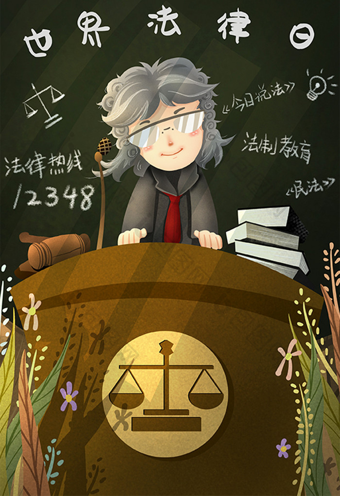 世界法律日普法教育律师老师温馨原创插画