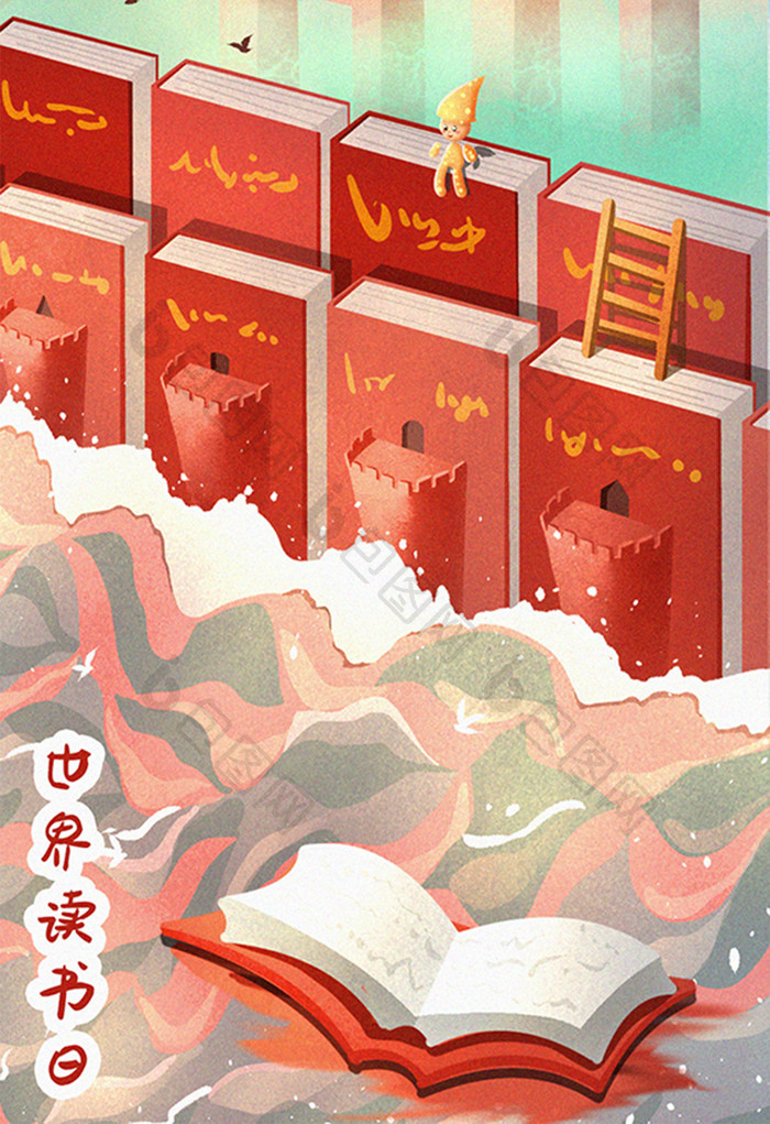 世界读书日温馨2.5d可爱纪念碑谷插画
