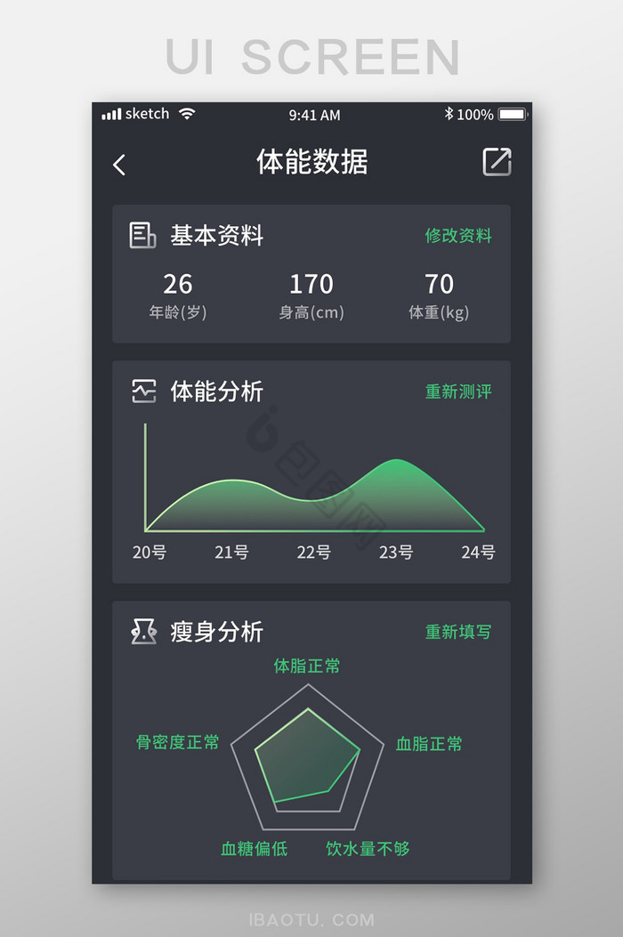 黑底绿色简约运动健身APP移动界面体能数图片