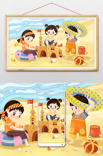 唯美清新卡通沙滩城堡玩耍六一儿童节插画图片