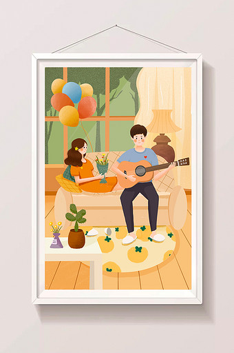 温馨520情人节居家情侣客厅弹琴送花插画图片
