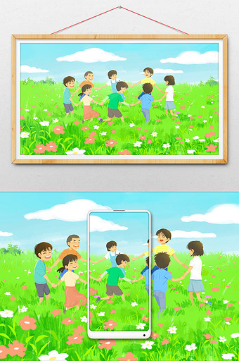 绿色欢快儿童玩闹六一儿童节插画图片