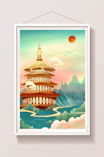 意境古风山水建筑雷峰塔中国风插画图片