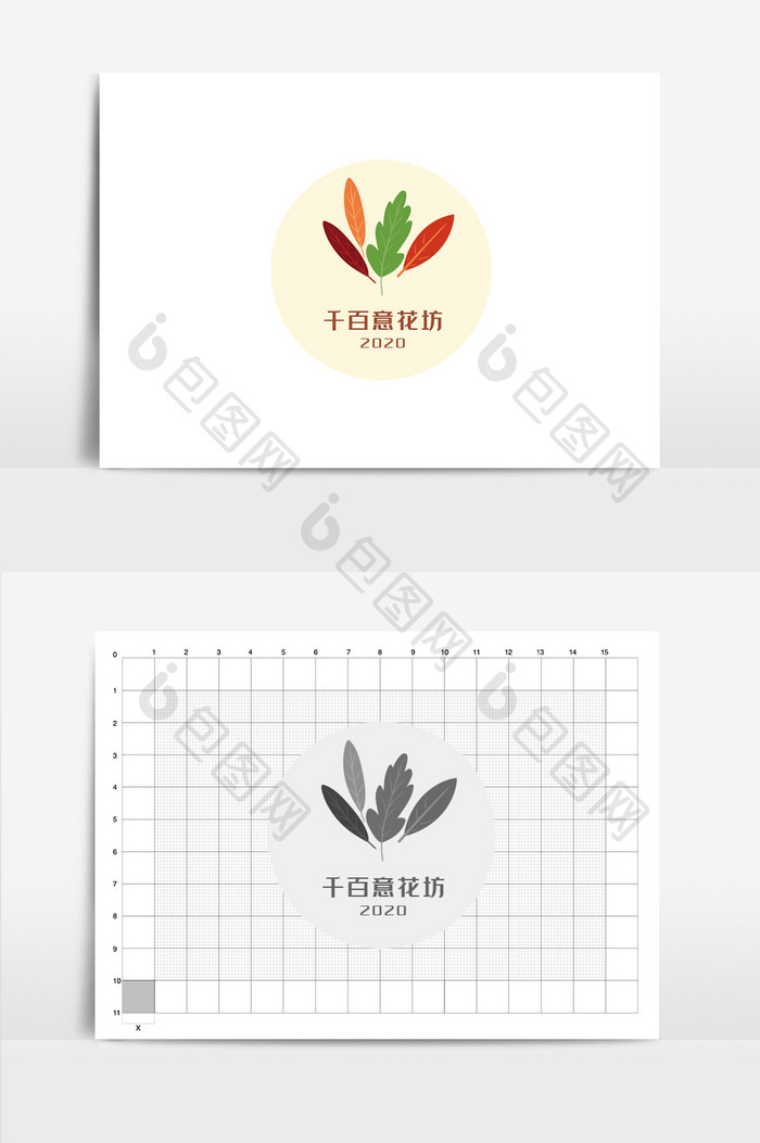 千百意花坊花艺叶子标志logo