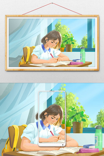 橙色唯美女孩认真学习备战高考插画图片下载
