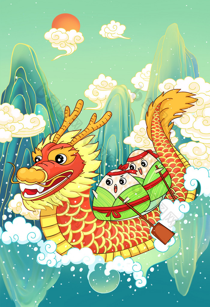 户外青山绿水龙舟粽子端午节插画
