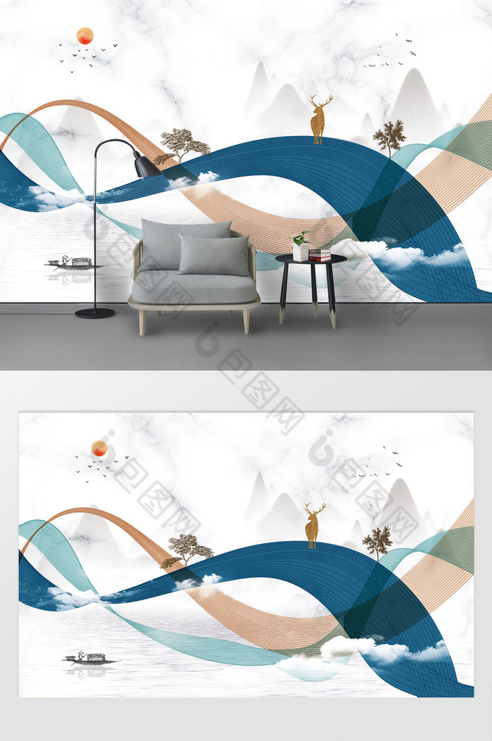 新中式山水抽象麋鹿大理石背景墙图片图片