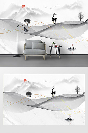 新中式抽象水墨山水抽象麋鹿背景墙图片