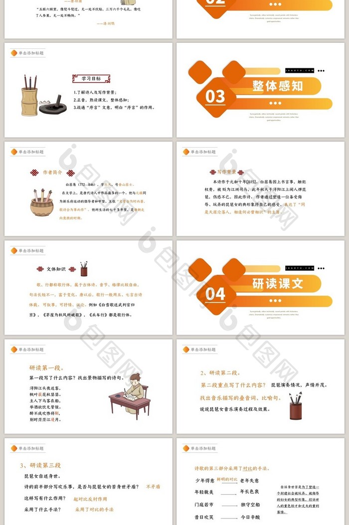 橙色简约十二年级语文课件PPT模板