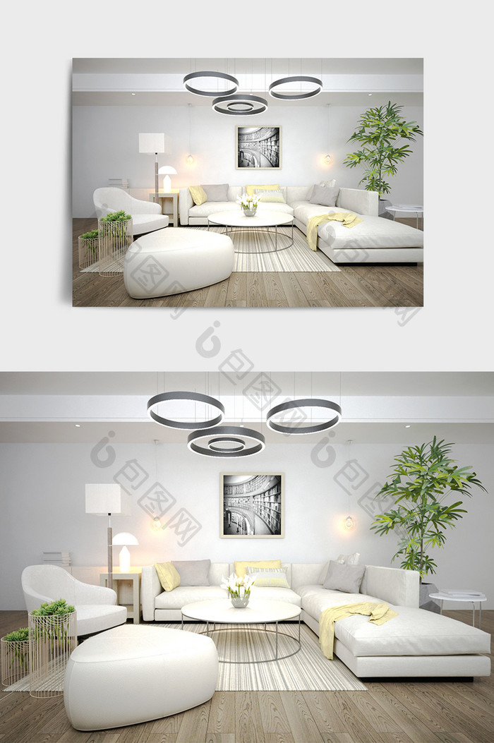 米白色简约风格家具沙发茶几组合模型