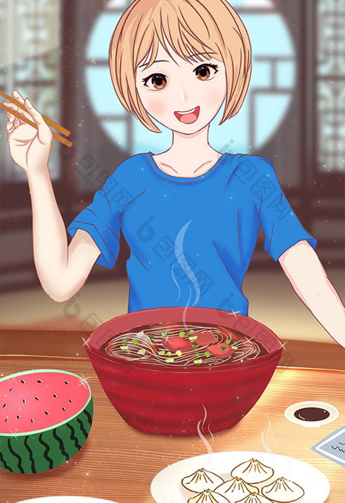 卡通小清新美食少女电商插画