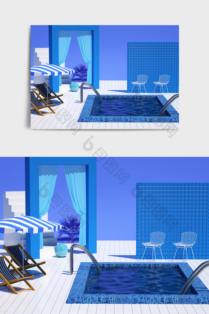 宝蓝色泳池造型电商海报C4D设计场景
