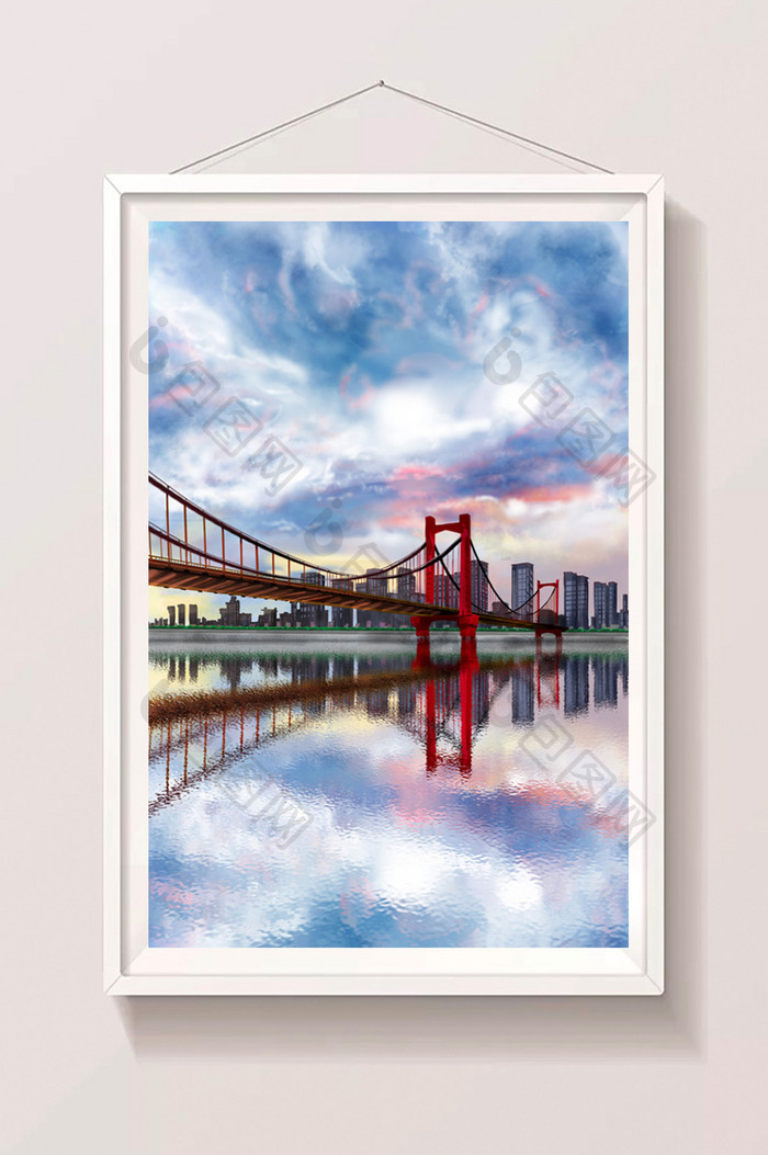 蓝色大气城市武汉大桥建筑风景插画