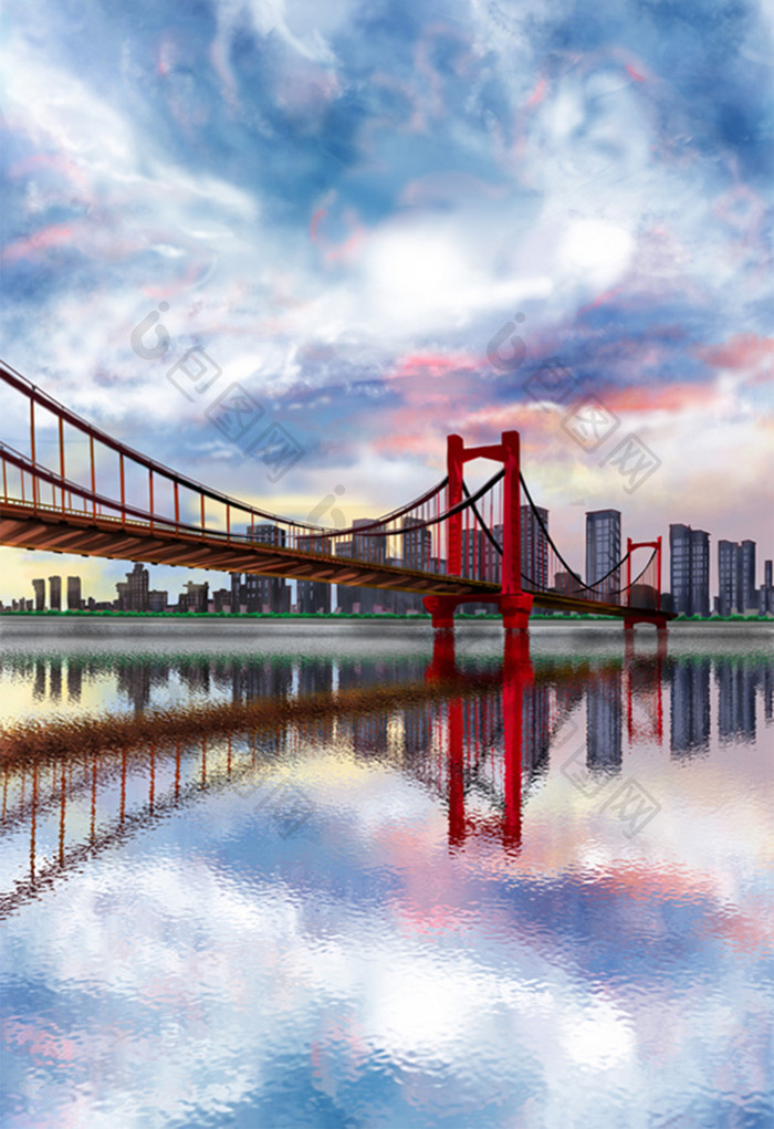 蓝色大气城市武汉大桥建筑风景插画