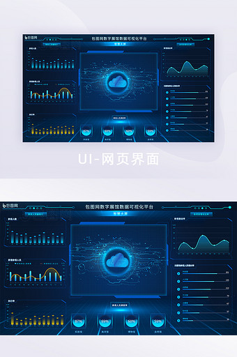 蓝色科技风展馆人数统计可视化UI界面图片