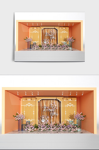 浅黄色秋季商场橱窗主题C4D创意场景图片