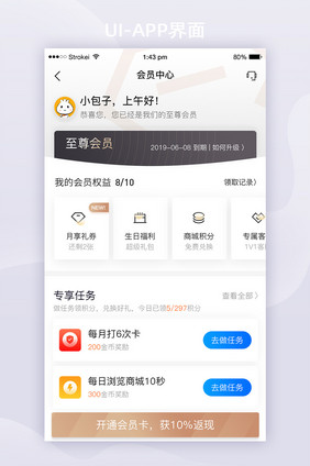 简约APP我的vip会员中心UI移动页面