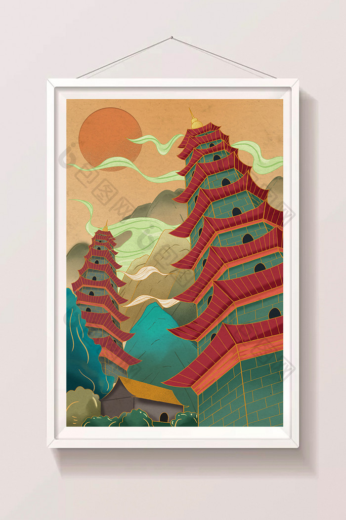 中国风太原双塔寺建筑插画