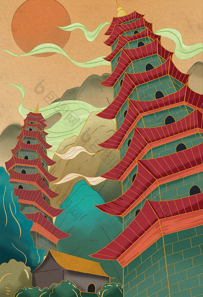 中国风太原双塔寺建筑插画