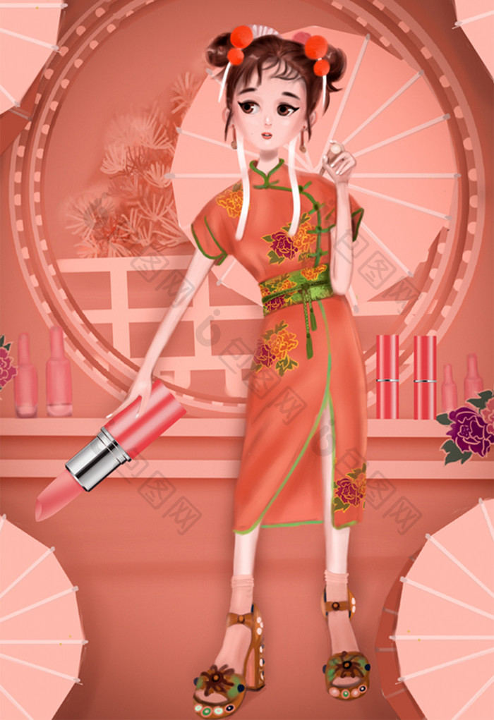 粉色旗袍精美清新国潮口红女性魅力营销插画