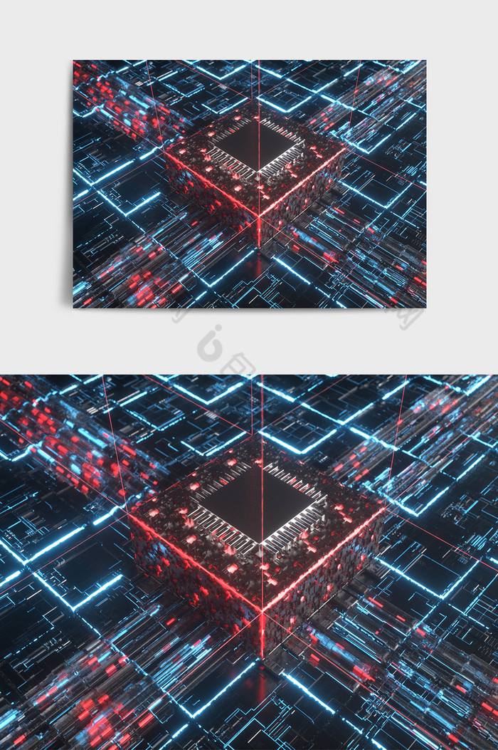 暗黑科技感风格红蓝发光芯片C4D创意场景图片图片