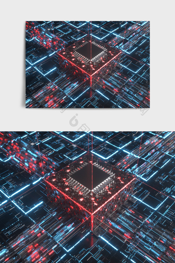 【暗黑科技感风格红蓝发光芯片c4d创意场景】图片下载-包图网