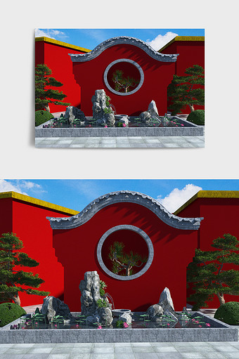 中国红色系古风园林艺术造型C4D创意场景图片
