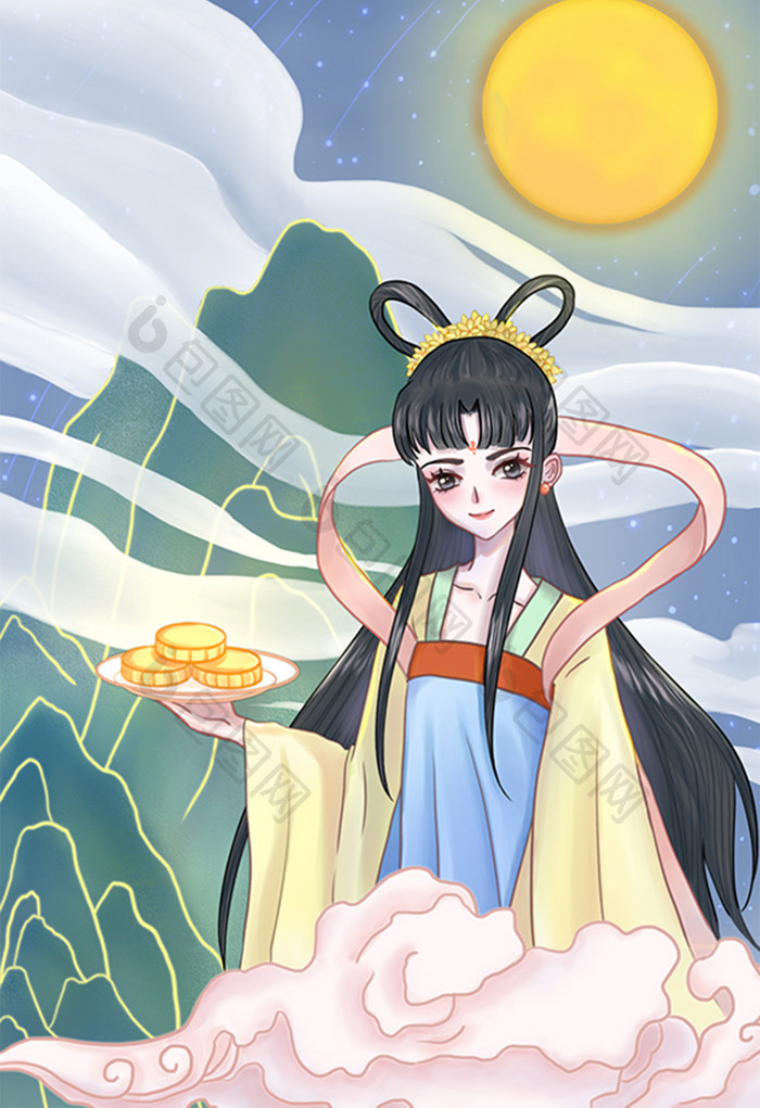 粉紫梦幻古风少女中秋节插画