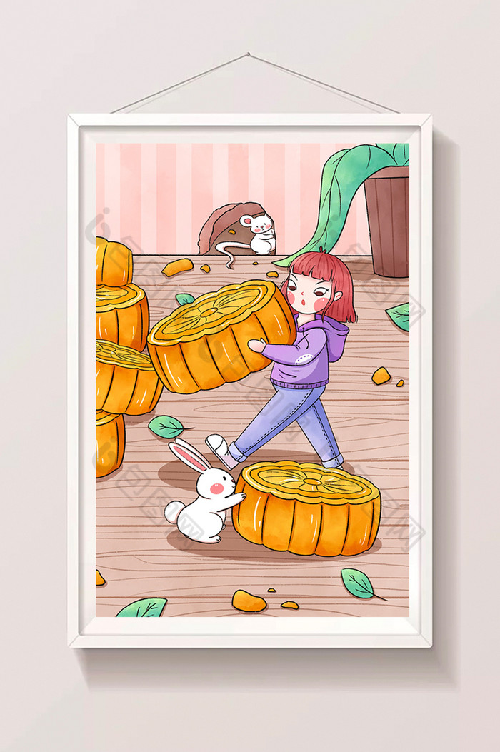 中秋节女孩与小兔子搬月饼插画图片图片
