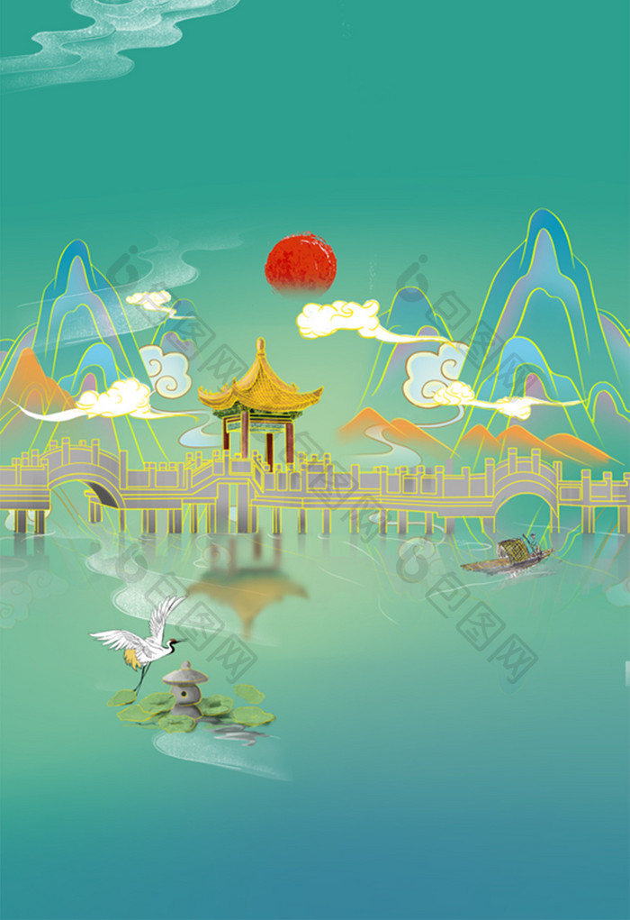 中国风山水工笔写意风景