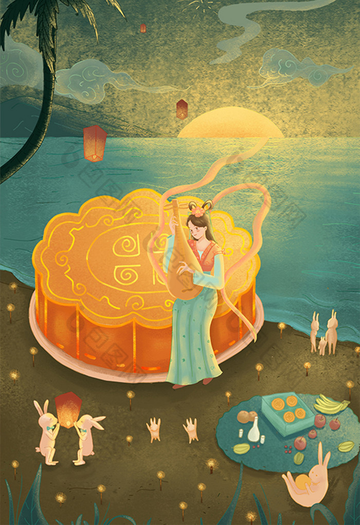 温馨中秋节插画图片-包图网
