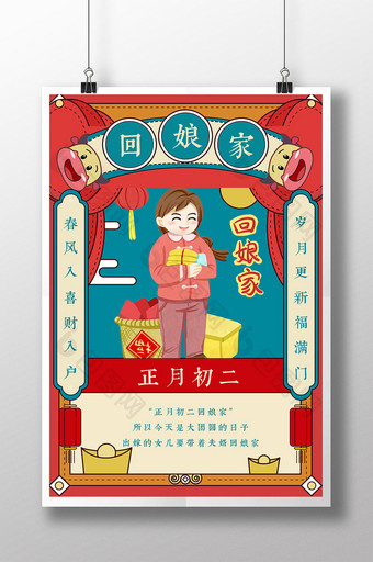 扁平风格中国风回娘家正月初二春节新年海报图片