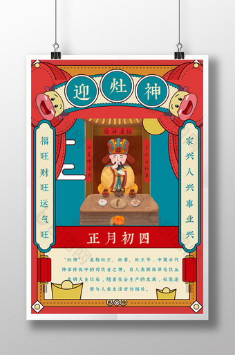 扁平风格中国风迎灶神正月初四春节新年海报图片
