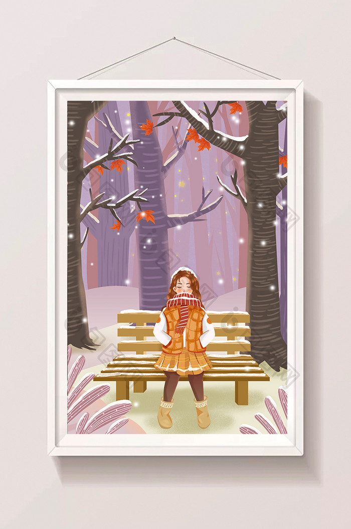 唯美风治愈立冬小雪少女节气插画