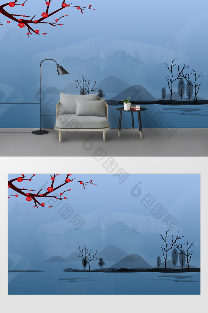 山水中国风复古插画鸟电视背景墙
